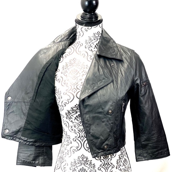 BB DAKOTA- Genuine Leather - Cropped 3/4 sleeve Moto jacket - Picture 7 of 10